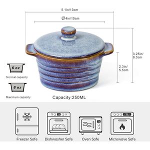 Mini Cocotte, Ovenschotelvormen van aardewerk, 4-delige souffle vormpjes met deksel, kleine ovenschaal, diameter 10 cm, 250 ml, oven, vaatwasser beschikbaar