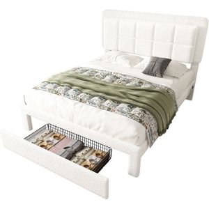Merax Gestoffeerd Bed 140x200 cm – Teddy Fluweel – Verstelbaar Hoofdbord – LED Verlichting – USB Aansluiting – Moderne Bedombouw – Wit