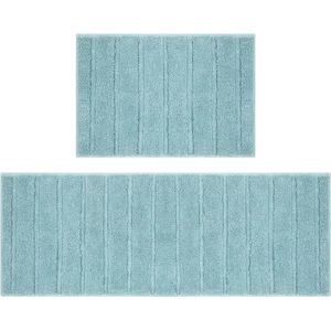 Set van 2 badmatten, antislip, absorberende badmatten, pluizige microvezel, badmatten voor de badkamer, 45 x 65 + 45 x 120 cm (strepen blauw)
