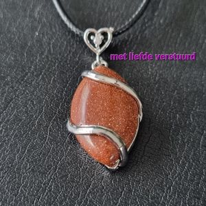 Edelsteen met leren ketting Brown sand goldstone druppel hanger