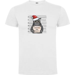Wit T-Shirt met “Christmas Tree Killer - Kerst - Kat“ Print Full Color Maat S