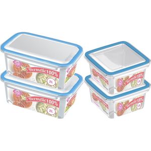 4x Voorraad/vershoudbakjes 2 en 1,5 liter transparant/blauw plastic/kunststof - Kiev - Luchtdicht/hermetisch afgesloten vershouddoos bakje - Mealprep - Maaltijden bewaren