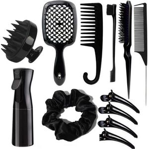 Set van 12 haarkammen, ontwarborstel voor alle haartypes, ontwarborstel, kam met rattenstaart, siliconen hoofdhuidmassager, doucheshampooborstel - zwart