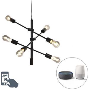 QAZQA sydney - Industriele Dimbare LED Smart Hanglamp incl. wifi met Dimmer voor boven de eettafel | in eetkamer - 6 lichts - Ø 75 cm - Zwart - Industrieel - Woonkamer | Slaapkamer | Keuken