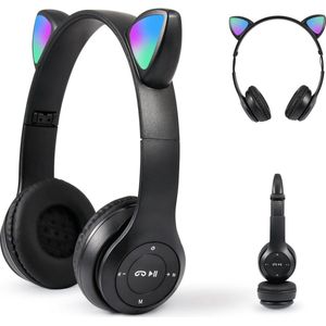 StayPowered Kinderhoofdtelefoon - Perfect voor Muziek en Gaming - LED Kattenoren - Draadloos - Verstelbaar en Opvouwbaar - Zachte Oorkussens - Ingebouwde Microfoon - Geschikt voor Kinderen - Zwart - Levering Sneller dan Aangegeven!