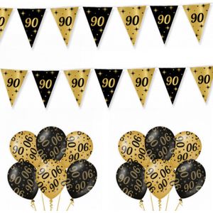 90 Jaar Versiering Classy Black-Gold Feestpakket - 90 Jaar Decoratie - Ballonnen En Slingers Zwart Goud