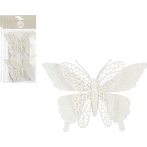 House of Seasons kerstboomversiering vlinders op clip - 4x st - wit - 16 cm