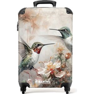 NoBoringSuitcases.com® - Handbagage koffer lichtgewicht - Reiskoffer trolley - Twee fladderende kolibries tussen bloemen - Rolkoffer met wieltjes - Past binnen 55x40x20 en 55x35x25