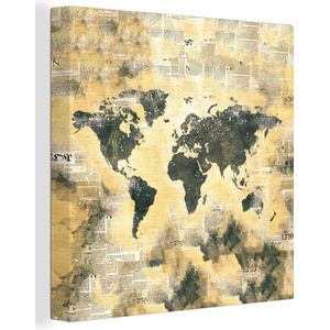 Canvas Wereldkaart - 90x90 - Wanddecoratie Wereldkaart - Waterverf - Kranten