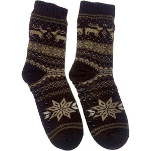 Merino Wollen Sokken Heren - Bruin met Rendier - Maat 43/46 - Huissokken - Anti slip sokken - Warme sokken - Winter sokken