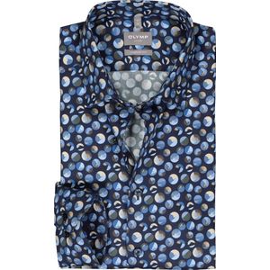 OLYMP comfort fit overhemd - satijnbinding - blauw met bruin dessin - Strijkvrij - Boordmaat: 43