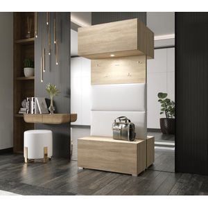 Kledingkast - Halmeubel - Schoenenkast - 5 hangers - Planken - Sonoma kleur + Wit gestoffeerde panelen