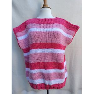 Handgebreide trui korte mouw in wit, lichtroze, felroze gestreept