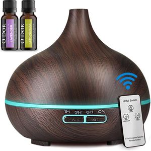 O'dor® Aroma Diffuser met Afstandsbediening met Extra 2 flesjes 100% PURE Etherische Olie - Geurverspreider - Ultrasone Vernevelaar Luchtbevochtiger Verdamper Aromatherapie - Donkerbruin