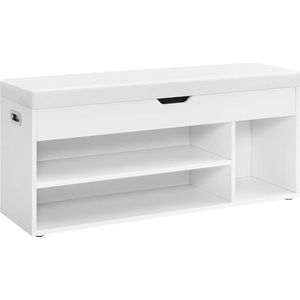 Gevoerde schoenenbank, opbergbank, 3 vakken, verborgen opslag, planken, voor woonkamer, entree, slaapkamer, draagkracht 150 kg, wolkenwit