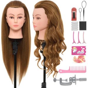 Kappershoofd 60% Mensenhaar 71cm - Trainingshoofd met Haaraccessoires en Tafelhouder