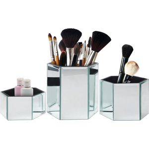 Gespiegelde Hexagonale Make-Up en Cosmetische Borstel Houder Set - Zilveren Potten - Huis en Badkamer Schoonheidsunit Opslag Organiser - Moderne Pennenbak met 3 Maten .