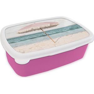 Broodtrommel Roze - Lunchbox - Brooddoos - Parasol - Strand - Zee - Wolken - 18x12x6 cm - Kinderen - Meisje