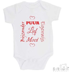 100% katoenen Romper ""Puur Eigenwijs Mooi Bijzonder Lief"" Unisex Katoen Wit/rood Maat 62/68
