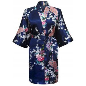 KIMU® Kimono Donkerblauw Kort - Maat XS-S - Yukata Satijn Boven de Knie - Korte Donkerblauwe Ochtendjas Japanse Kamerjas Sexy Satijnen Badjas Geisha Sinterklaas Kado