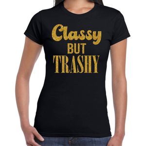 Bellatio Decorations Verkleed T-shirt dames - classy but trashy - zwart - glitter goud - fout/goud/stout XL