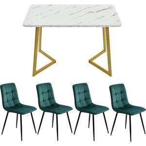 Merax Eettafel Set met 4 Velvet Eetkamerstoelen en Rechthoekig Tafel met Marmer - Moderne Keukentafel Set - Donkergroen met Wit Marmerlook en Goud