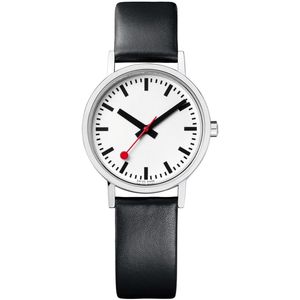 Mondaine A658.30323.16OM Classic Pure Dames Horloge - M658.30323.16OM - Stationsklok - Mineraalglas - Roestvrijstaal/Leer - Wit/Zilver/Zwart - Ø 30 mm