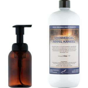 Zeepdispenser 300 ml amber bruin hervulbaar + 1 liter Showergel Appel-Kaneel navulling