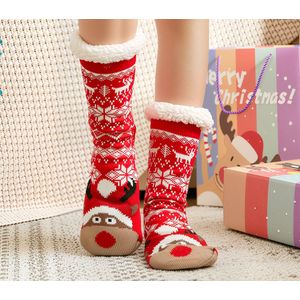 Budino® Huissokken - Verwarmde sokken - Antislip Sokken - Warme Sokken - Dikke Sokken - Anti Slip - Fluffy Sokken - Dames en Heren - Rendier Wit Rood Kerst