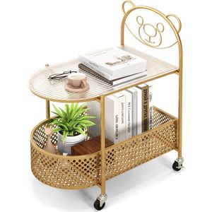 COSTWAY Bijzettafel van glas met wieltjes, 2-traps glazen tafel met berenpatroon, nachtkastje met opbergmand, salontafel, koffietafel, modern, voor woonkamer, slaapkamer, 60 x 40 x 76 cm (goud)