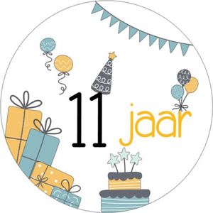 25x Sluitsticker 11 Jaar - Geel Blauw - 40 mm - Verjaardags sticker - Sluitzegel - Sticker Verjaardag jongens meisjes - Ballonnen - Cadeau's Kado's - Glossy - Sluitzegel - Wensetiket - Uitdelen - Jarig - Trakteren - Hoera