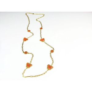 lange zilveren halsketting collier halssnoer geelgoud verguld Model Vlinder en Bol met oranje stenen