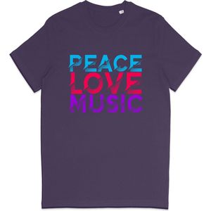 T Shirt Heren en Dames - Vrede Liefde Muziek - Paars - L
