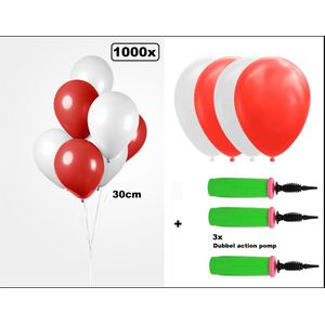 1000x Luxe Ballon rood/wit 30cm + 3x dubbel actie pomp - biologisch afbreekbaar - Carnaval Festival feest party verjaardag Sinterklaas landen helium lucht thema