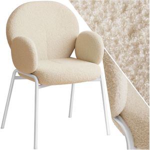 tectake® - Eetkamerstoel met armleuning - Woonkamerfauteuil - Scandinavische loungestoel - Comfortabele gestoffeerde stoel - Bekleding van bouclé teddystof - Crème