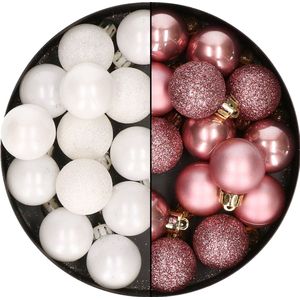 28x stuks stuks kunststof kerstballen wit en velvet roze 3 cm - kerstversiering