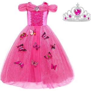 Doornroosje jurk Prinsessen jurk verkleedjurk 128-134 (130) fel roze Luxe met vlinders korte mouw + kroon verkleedkleding