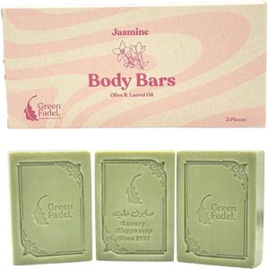 GREEN FADEL (Luxury) Aleppo Zeep Origineel met Jasmijn Aroma, 3 Stuks, Aleppo Zeep Olijfolie & Laurierolie, Olijfoliezeep, Luxury Aleppo Soap, voor Gezicht & Lichaam