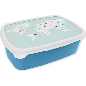 Broodtrommel Blauw - Lunchbox - Brooddoos - Wereldkaart - Vliegtuig - Simpel - 18x12x6 cm - Kinderen - Jongen
