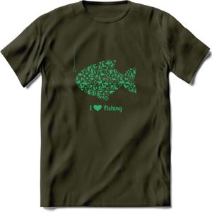 I Love Fishing - Vissen T-Shirt | Groen | Grappig Verjaardag Vis Hobby Cadeau Shirt | Dames - Heren - Unisex | Tshirt Hengelsport Kleding Kado - Leger Groen - XL