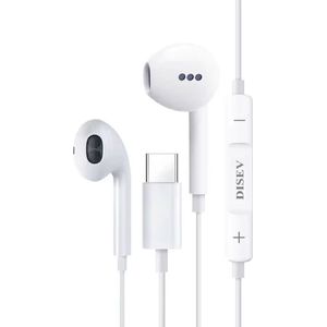 DISEV® - Oortjes met Draad - USB-C Aansluiting - In-Ear Oordopjes met Draad - Oortjes met Draad en Microfoon - 1.20M kabel - Wit