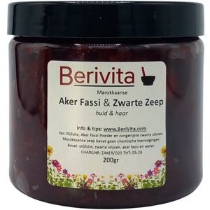 Aker Fassi Marokkaanse Zwarte Zeep 200gr - Olijfzeep - Aker Fassi zeep - Sabon Beldi met Rood Aker Fassi Poeder - Moroccan Black Soap