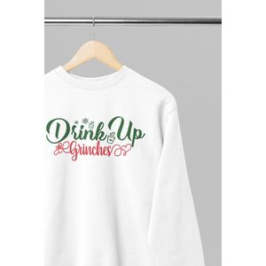Foute kersttrui - Drink up grinches - Wurban Wear | 18+ | Grappige sweater | Leuk cadeau | Unisex sweater | Oversized sweater | Kersttrui heren | Foute kerstkleding | Kerst sweater | Kerst diner | Kersttrui dames | Foute kersttruiendag 2025 | Wit