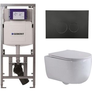 QeramiQ Dely Swirl Toiletset - 36.3x51.7cm - Geberit UP320 Burda inbouwreservoir - slim zitting - mat zwarte bedieningsplaat - ronde knoppen - wit glans