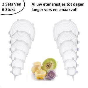 BTB Products – Siliconen Vershoud Deksel – 2 Sets van 6 – Vershouddeksels – Flexibele Ronde Deksels – Siliconen Deksel – Vershoudzakken – Vershoudfolie – Wit – Transparant – 12 Stuks