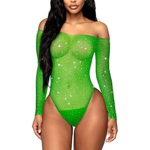 Dames mesh bodysuit met lange mouwen en strass, sexy lingerie outfit