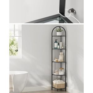 5-laags hoekplank, boekenkast, plantenplank, badkamerplank, gehard glas, metalen frame, moderne stijl voor woonkamer, keuken, klassiek zwart