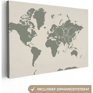 Canvas Wereldkaart - 120x80 - Wanddecoratie Wereldkaart - Dieren - Olifant