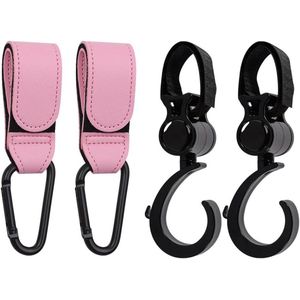 4 stuks lederen stijl kinderwagenhaakclips - 360 graden draaibaar - Heavy Duty - roze