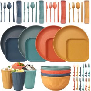 48-delige servies set - Herbruikbaar voor 4 personen - Camping serviesset - Kunststof servies - Borden, kommen, kopjes, bestek, eetstokjes - Picknick servies - Plastic serviesgoed - Lichtgewicht - Onbreekbaar - Kleurrijk